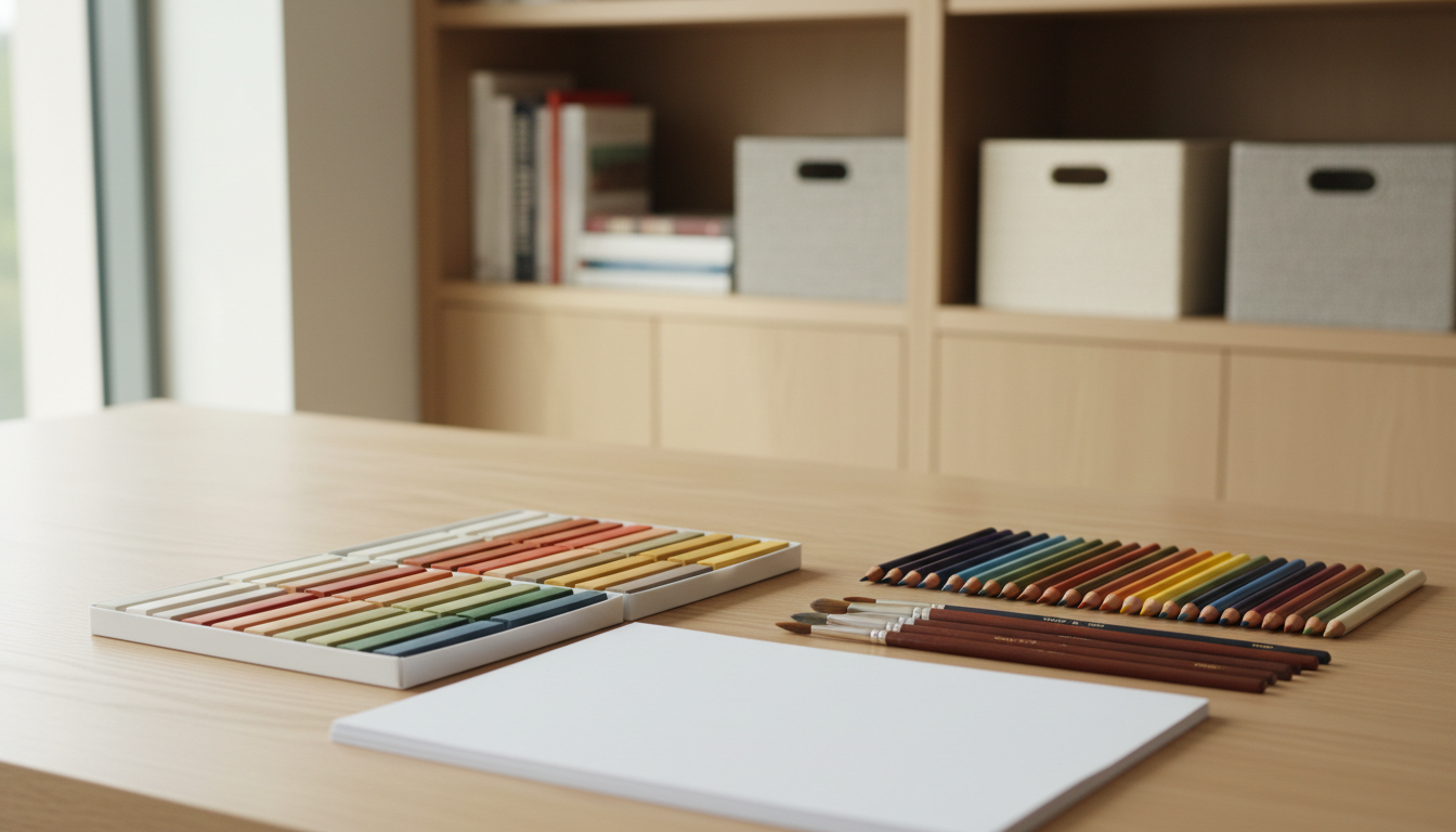 A neatly arranged array of professional art therapy supplies, featuring pristine white drawing paper, unused soft pastel sticks in muted earth tones, precision-cut colored pencils, and high-quality paintbrushes with wooden handles, all resting on a spotless oak therapy table. The background offers a glimpse of smartly organized wooden shelving with art therapy books and subtle storage bins in neutral colors. Natural daylight pours in from a nearby window, softly illuminating the workspace, casting gentle, diffuse shadows, and highlighting the textural richness of the materials. Captured from an eye-level angle with a slightly wide frame, the composition centers on clarity and balance. The mood is calm and orderly, reflecting a structured and welcoming environment. The aesthetic is photographic realism emphasized by clean lines and a balanced, corporate layout, suitable for a health-focused, professional site.